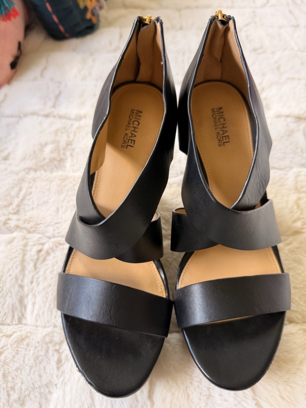 Michael Kors Black Leather Platform Wedge Sandals | Gold Zip Back | Size 7M - Picture 6 of 14